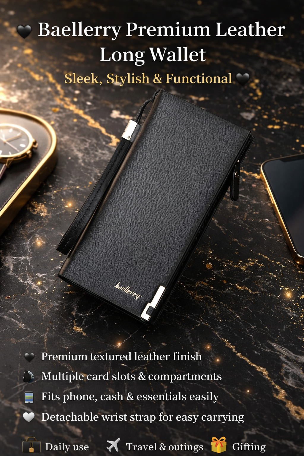 🖤 Baellerry Premium Leather Long Wallet – Sleek, Stylish & Functional 🖤